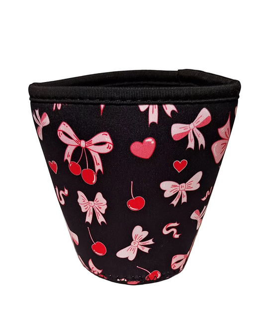 "Pink Bows & Cherries on Black" Reusable Neoprene Cup Hugger