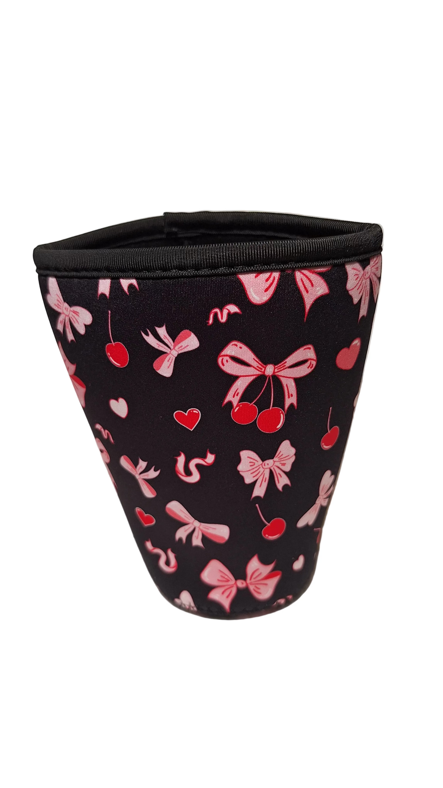 "Pink Bows & Cherries on Black" Reusable Neoprene Cup Hugger