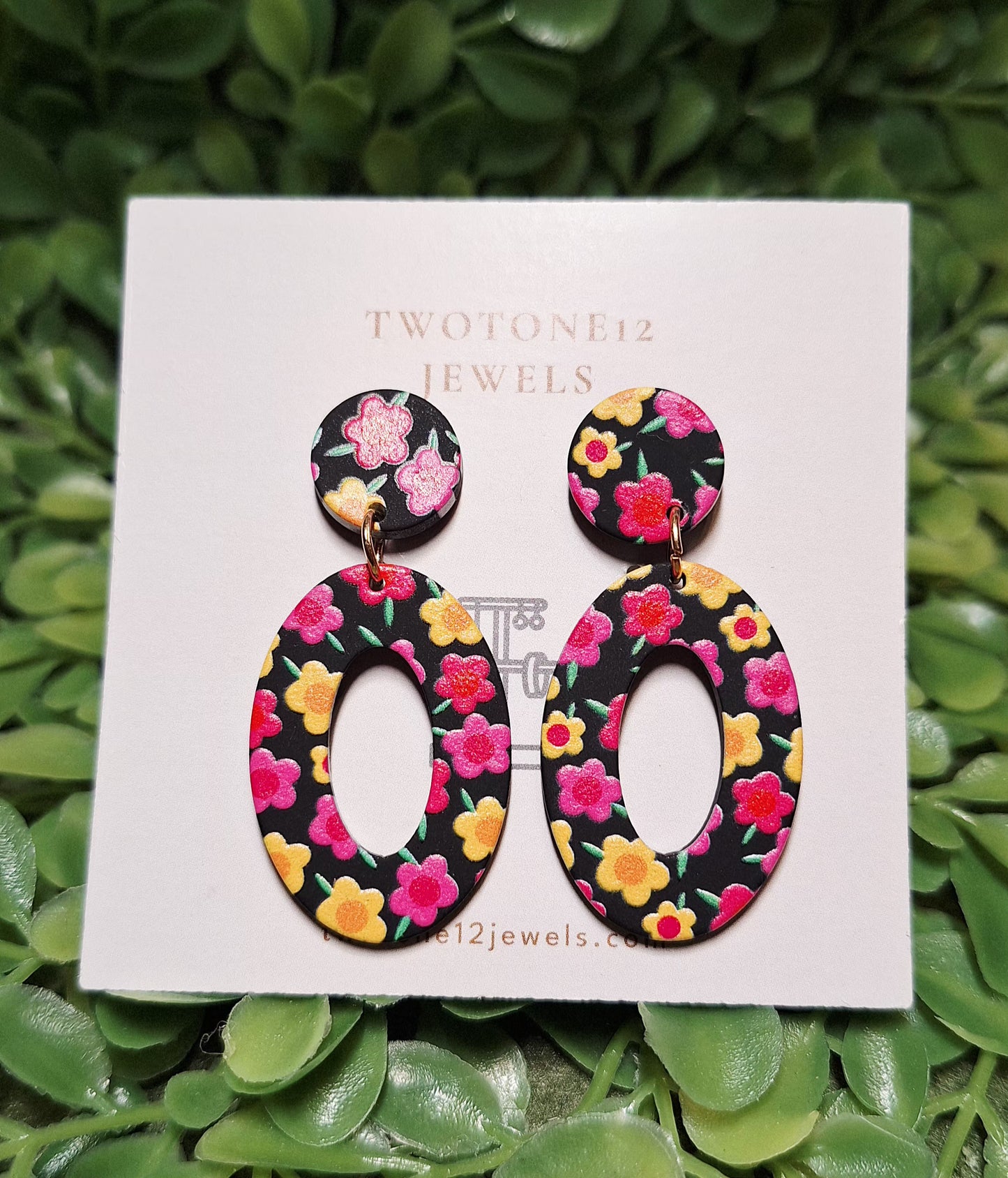 Pink & Yellow Daisies Black Oval Statement Earrings