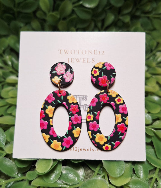 Pink & Yellow Daisies Black Oval Statement Earrings