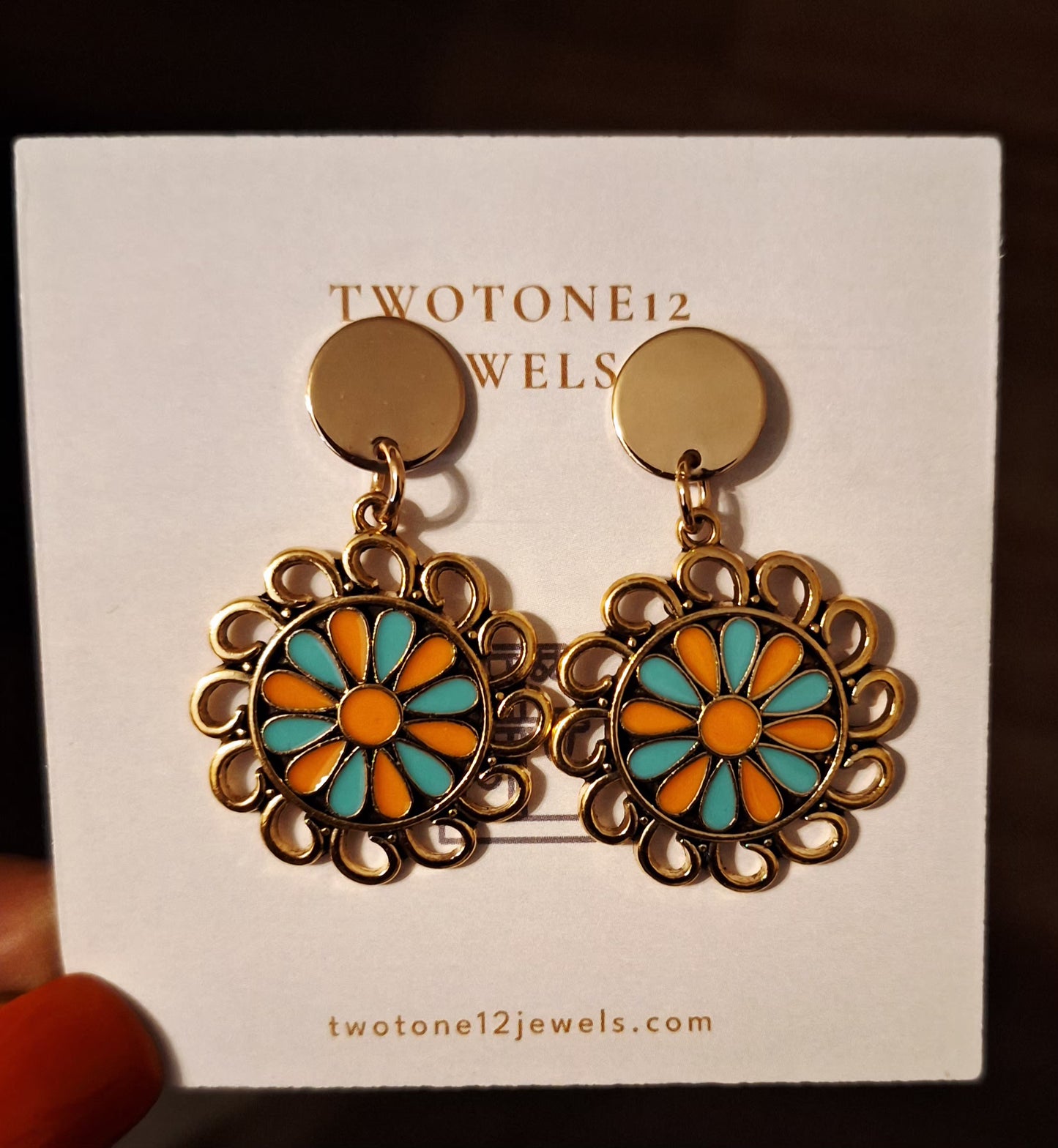 Orange & Turquoise Sunflower Scalloped Earrings