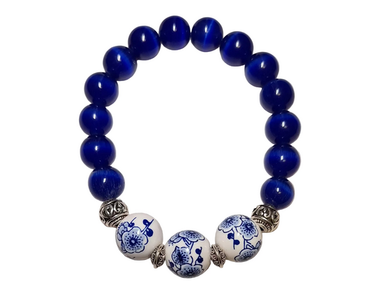 Blue and White Chinese Floral & Cobalt Cat's Eye Beaded Stretch