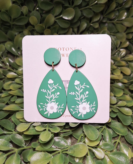 White & Green Floral Teardrop Acrylic Statement