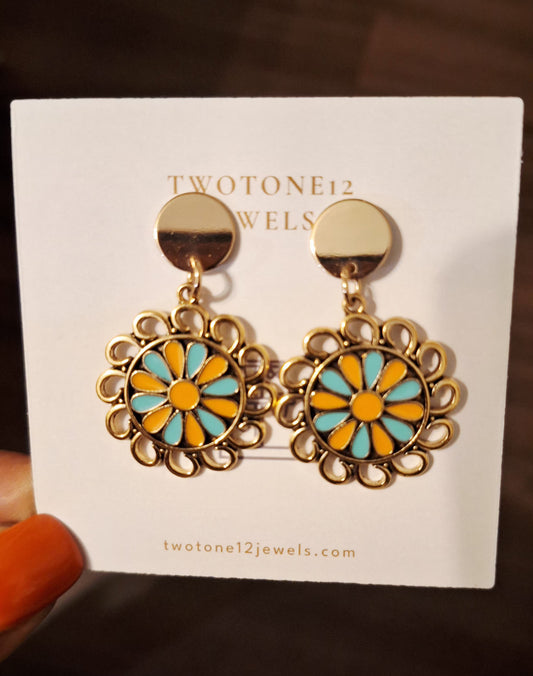 Orange & Turquoise Sunflower Scalloped Earrings