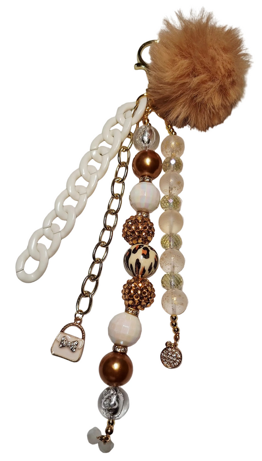 Glam Gold & Crystal Bag Charm with Faux Fur Pompom