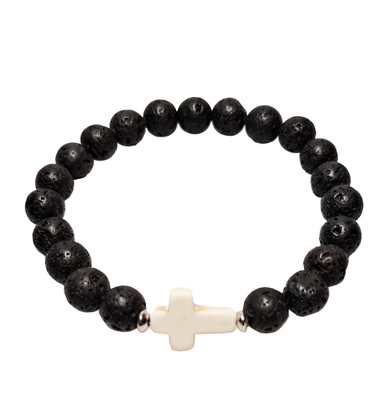 Cross with Black Lava Stone Beaded Stretch