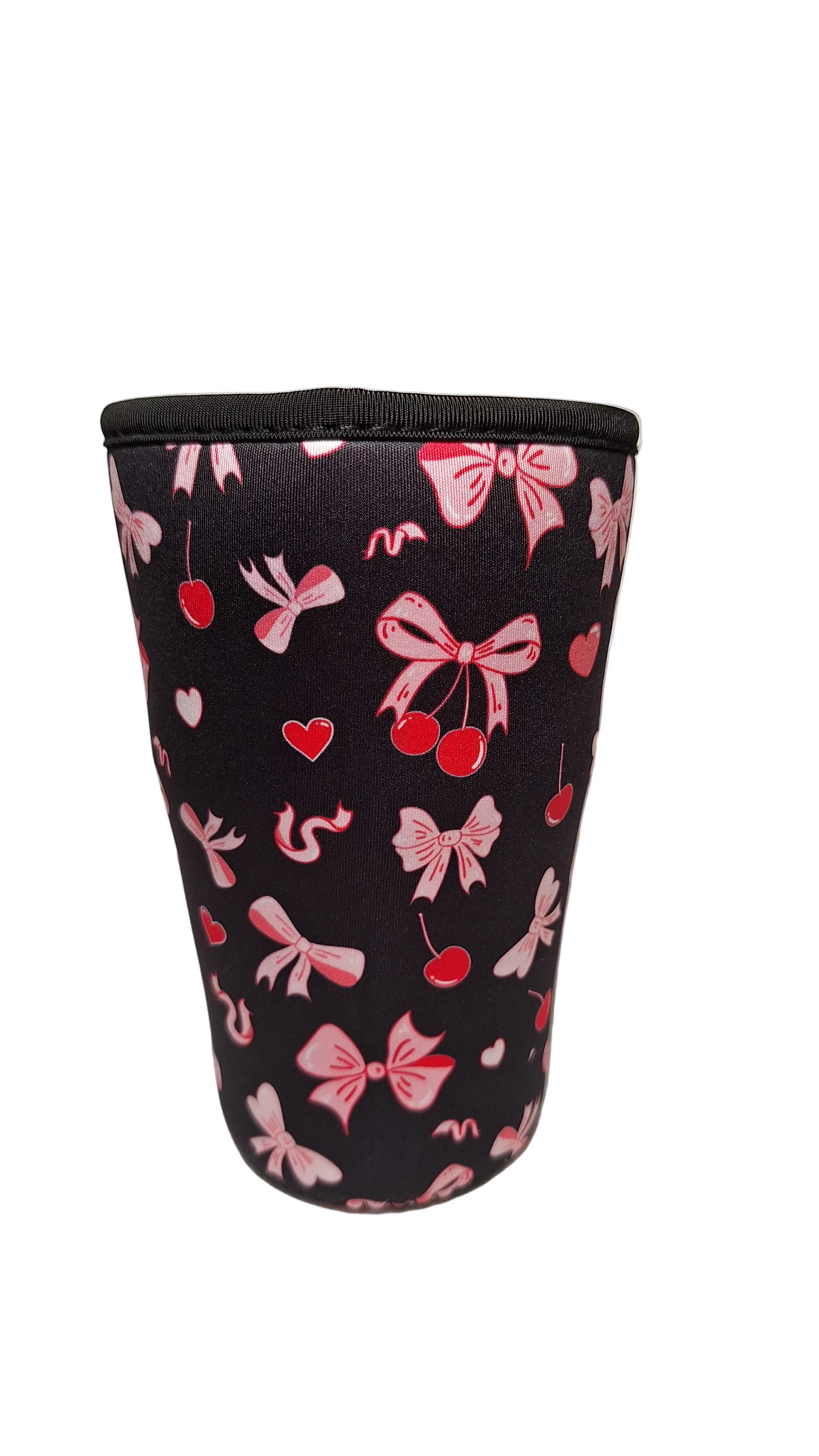 "Pink Bows & Cherries on Black" Reusable Neoprene Cup Hugger