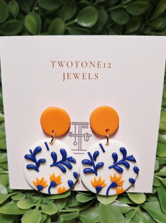 Trendy Orange Blooms & Blue Leaves Polymer Clay Statement Earrings