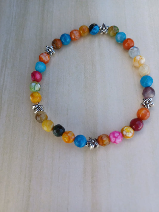 Multicolor Agate 4mm beads with antique Silver Flower Stretch Braclet