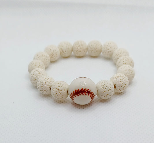 Ceramic Softball and Ivory Lava Bead Stretch Bracelet