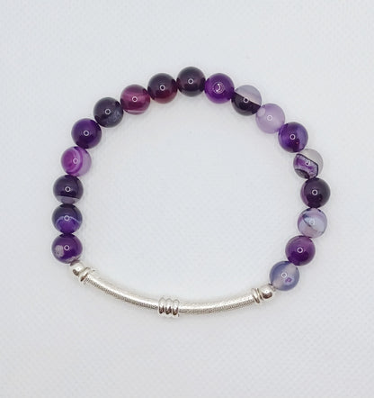 Purple 8mm Agate Gemstones with Silver Plated Focal Bar Stretch Bracelet.