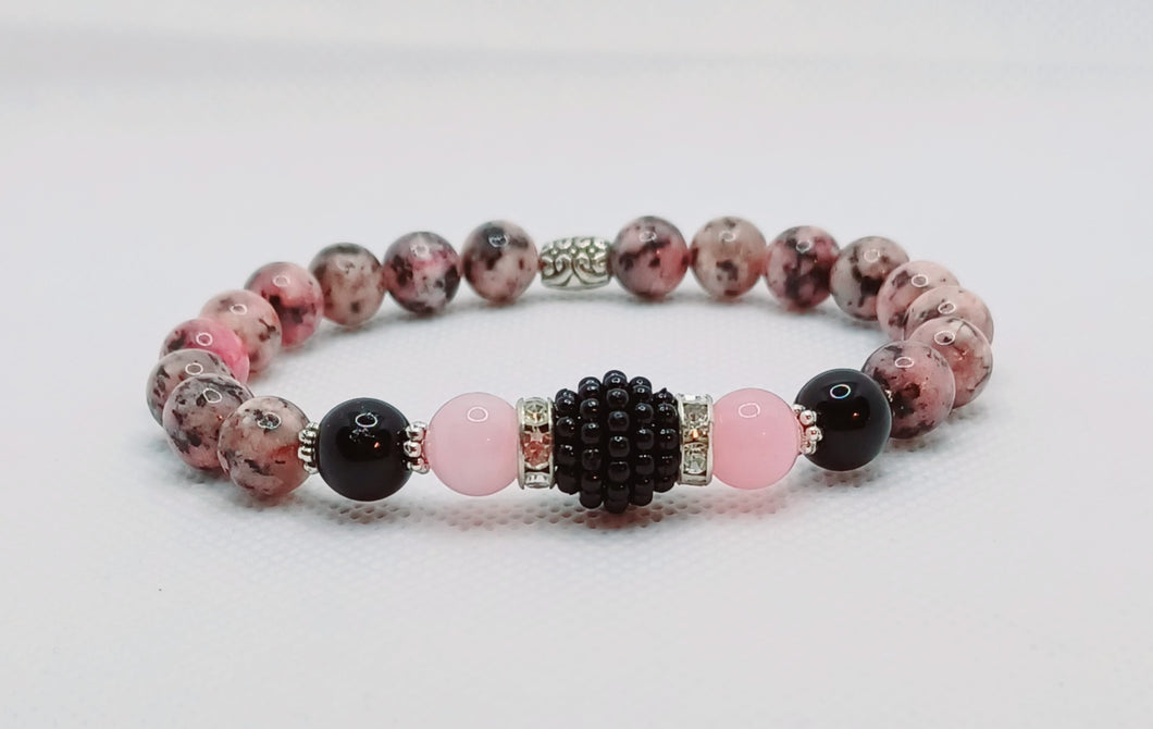 Elegant Pink Rhodonite, Crystal and Black Beaded Stretch Bracelet