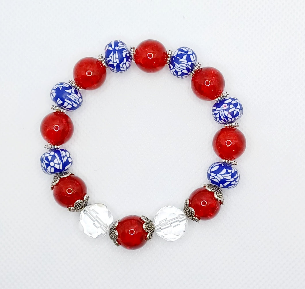 Red, White and Blue Beads with Crystals Stretch Bracelet