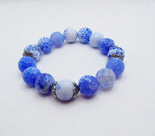 Load image into Gallery viewer, White and Blue Faceted Agate with Antique Silver Bead Caps Stretch Bracelet
