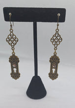 Load image into Gallery viewer, Antiqued Bronze Filigree Keyhole Drop Earrings
