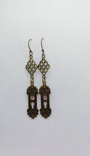 Load image into Gallery viewer, Antiqued Bronze Filigree Keyhole Drop Earrings
