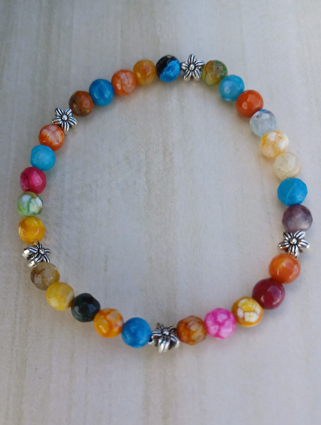 Multicolor Agate 4mm beads with antique Silver Flower Stretch Braclet
